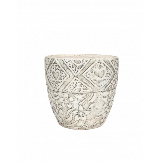 Puķu pods d9xh9cm ar rakstu apmalīte gaiši pelēks ar paliktni