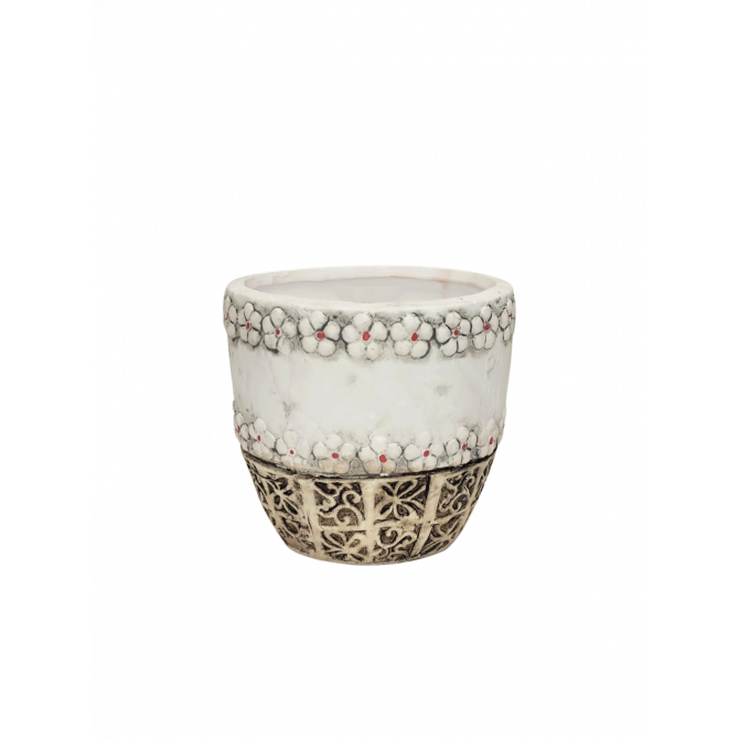 Puķu pods d9xh9cm ar pukaiņu apmali balti ar paliktni