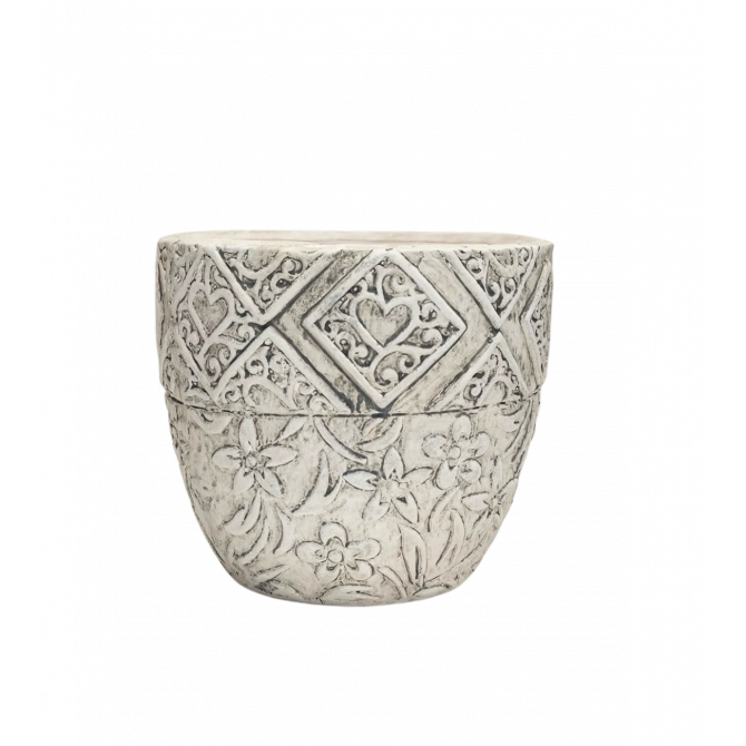 Puķu pods d15xh14cm ar rakstu apmali gaiši pelēks ar paliktni