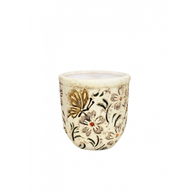 Puķu pods d9xh9cm ar krāsainiem ziediem ar paliktni